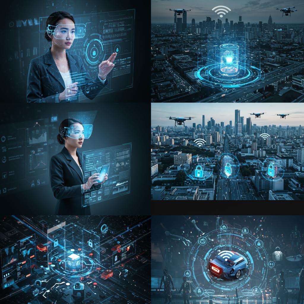 홀로그램 화면과 드론 보안 네트워크가 공항 전경 위에 펼쳐지며 첨단 보안 시스템의 혁신을 보여주는 장면