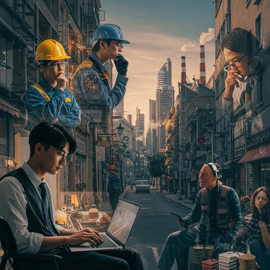 도시 거리 배경 속에서 엔지니어, 사무직, 현장 근로자들이 협업하며 미래 산업과 사회를 상징적으로 표현한 장면