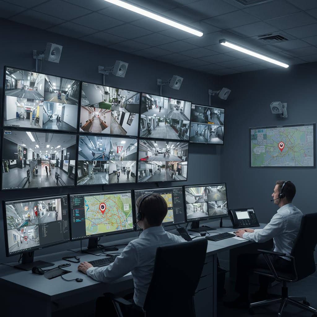 관제센터에서 보안 요원들이 다수의 CCTV 화면과 지도 데이터를 모니터링하며 실시간 안전 관제를 수행하는 모습
