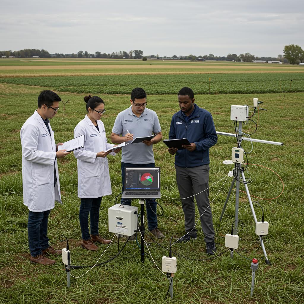 넓은 녹색 들판에서 흰 가운을 입은 연구원들이 노트북과 장비들 앞에 서 있다. 잔디밭에는 여러 개의 센서 기둥들이 설치되어 있어 농업 데이터 수집과 스마트 농업 연구 환경을 보여주고 있다.