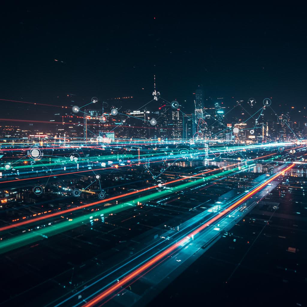 야간 도시 풍경의 장노출 사진. 청록색과 주황색 빛 줄기가 도로를 따라 흐르며 도시의 불빛과 함께 역동적인 네트워크와 교통 흐름을 표현하고 있다.