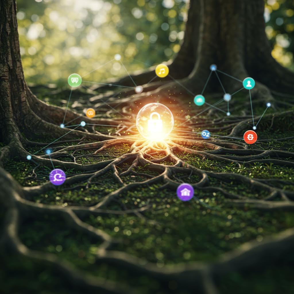 숲 속 땅 위에 밝은 빛이 빛나고 있고, 주변으로 다양한 색상의 작은 빛 구슬들이 나무뿌리와 이끼 사이에 흩어져 있다. 자연과 기술의 융합을 환상적으로 표현한 이미지다.