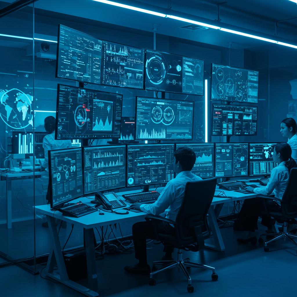 청록색 조명의 미래형 관제실. 여러 대의 모니터와 홀로그램 인터페이스가 떠 있고, 사람이 의자에 앉아 복잡한 데이터 시각화 화면들을 모니터링하고 있다.