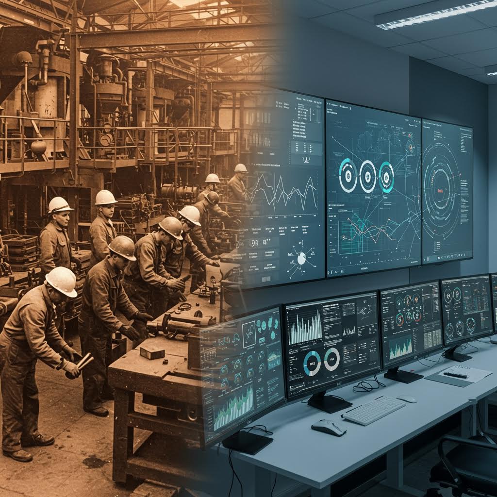 반으로 나뉜 이미지. 왼쪽은 세피아 톤의 과거 공장에서 작업자들이 기계 앞에 앉아 있는 모습, 오른쪽은 현대적인 청록색 조명의 관제실에서 여러 대의 모니터와 디지털 인터페이스 앞에서 작업하는 모습으로 산업의 변화를 대비하고 있다.