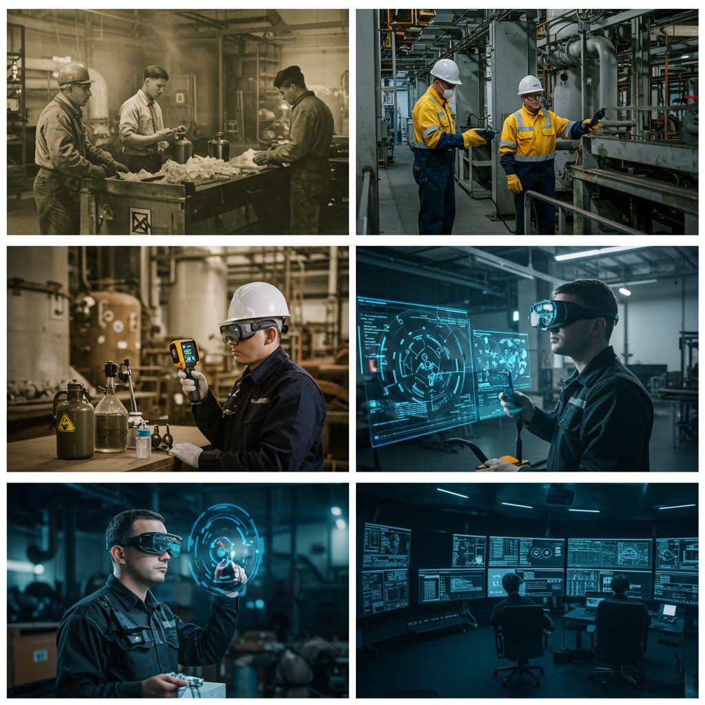 6개의 산업 현장 이미지 그리드. 공장에서 작업하는 모습, 노란 안전복을 입은 작업자들, 태블릿으로 설비를 확인하는 장면, 홀로그램 인터페이스, 관제실 등 스마트 제조 환경을 보여주고 있다.