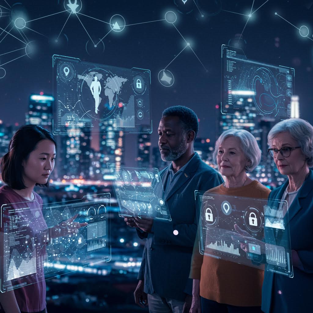 도시 야경을 배경으로 다양한 연령층의 인물이 디지털 패널을 통해 정보 보안과 개인 데이터 보호를 논의하는 순간