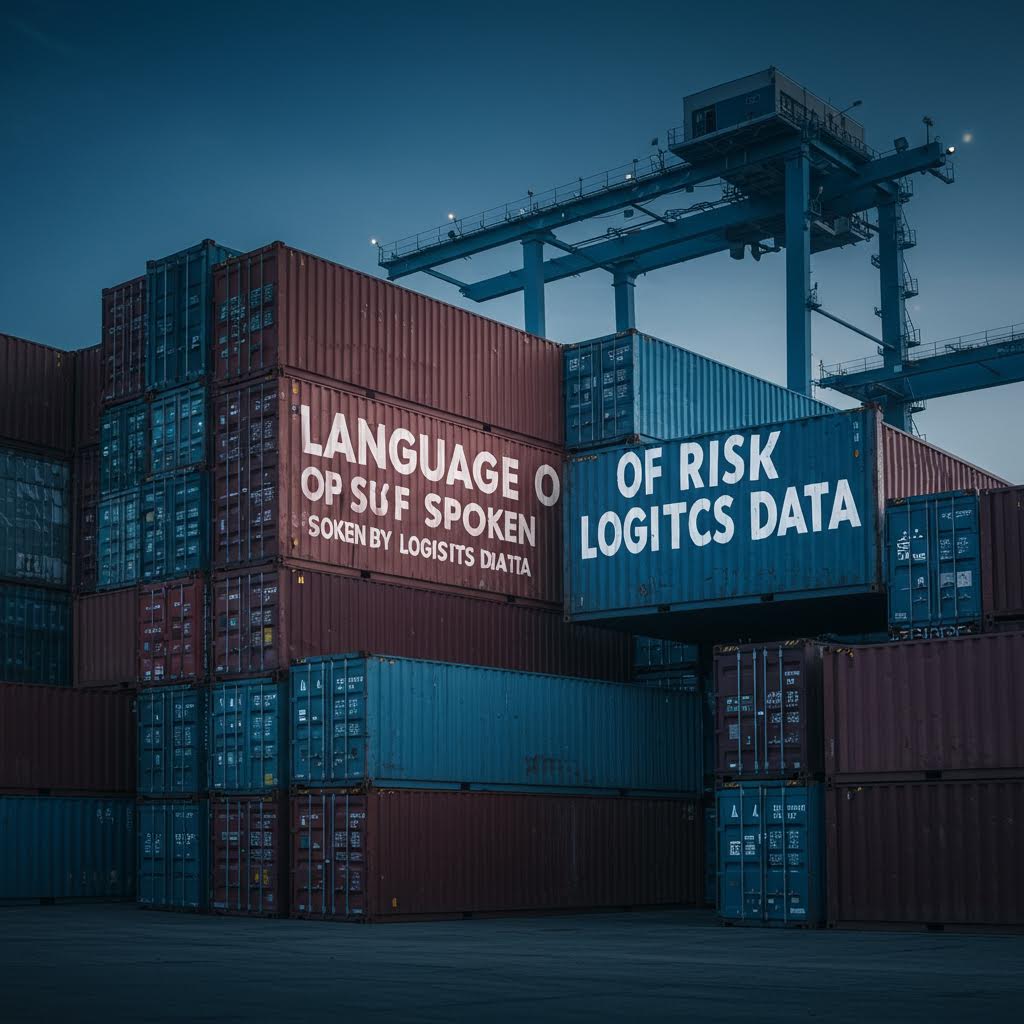 'LANGUAGE OF RISK LOGISITS DATA' 텍스트가 있는 컨테이너들이 쌓여 있는 항구의 야경. 어두운 푸른 톤에 대형 크레인이 보이며 물류와 데이터 관리를 주제로 한 이미지다.