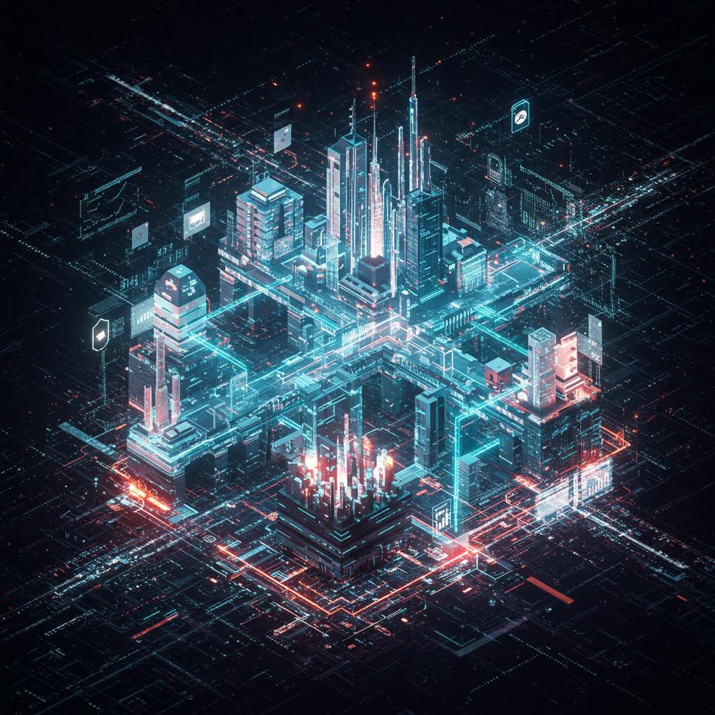 어두운 배경에 3D 아이소메트릭으로 표현된 미래 도시. 청록색과 주황색 빛으로 빛나는 고층 건물들이 네트워크 선으로 연결되어 있어 스마트 시티의 디지털 인프라를 시각화하고 있다.