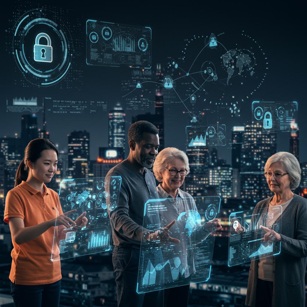 야경 속에서 홀로그램 정보를 주고받는 인물들이 도시 불빛과 함께 어우러진 순간