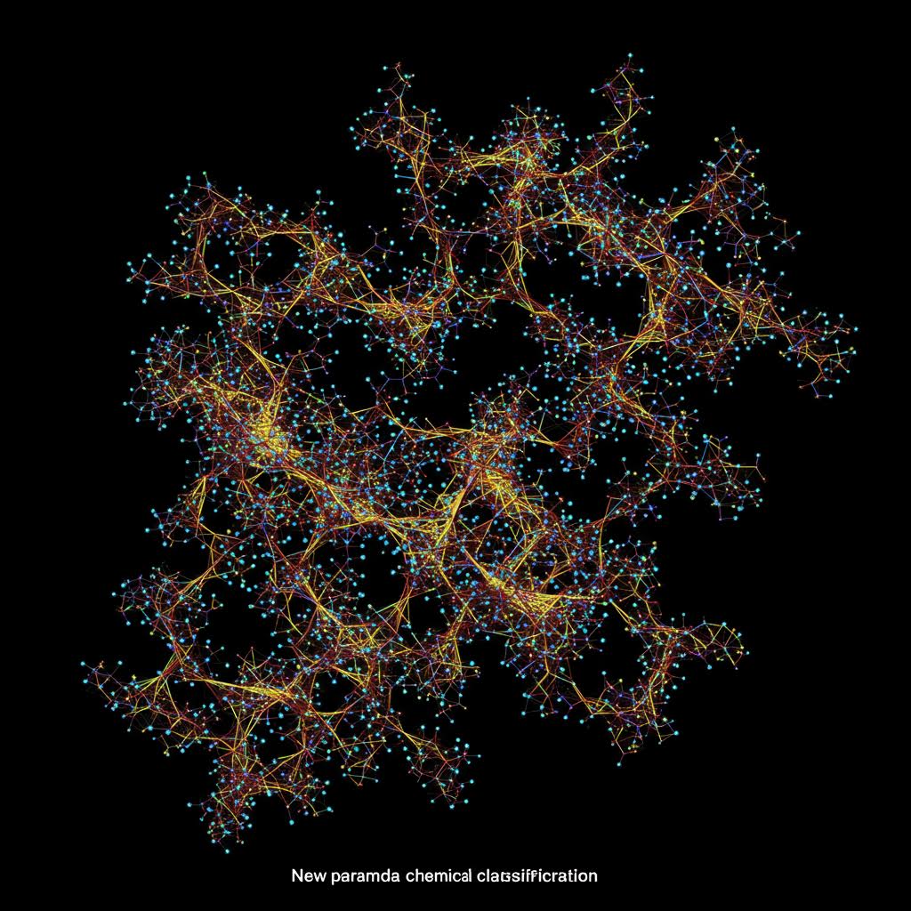검은 배경에 금색과 회색으로 표현된 복잡한 신경망 구조. 'New polymre channel classification' 텍스트가 하단에 있으며, AI나 머신러닝의 신경망을 추상적으로 시각화한 이미지다.