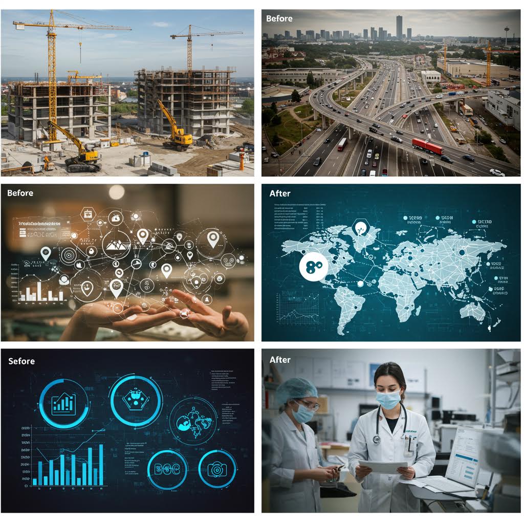 6개의 도시 인프라와 데이터 관련 이미지 그리드. 건설 현장, 고속도로, 손 위의 디지털 인터페이스, 세계지도와 네트워크, 데이터 차트, 의료 시설 등 다양한 산업 분야의 스마트 시스템을 보여주고 있다.
