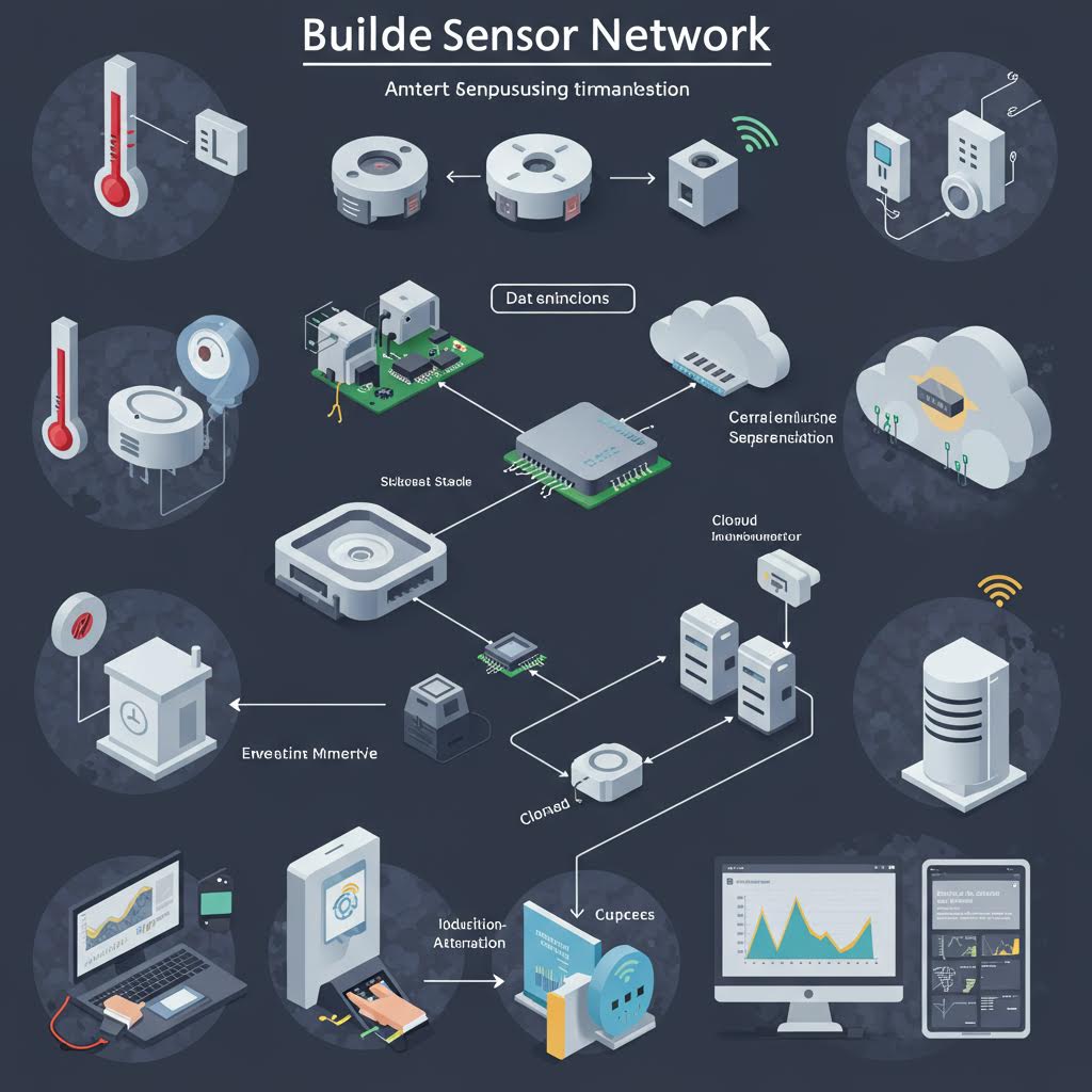 'Builder Sensor Network' 제목이 있는 IoT 센서 네트워크 인포그래픽. 온도계, 카메라, 센서 등 다양한 IoT 장치들이 클라우드와 데이터베이스로 연결되는 구조를 어두운 배경에 3D로 시각화하고 있다.