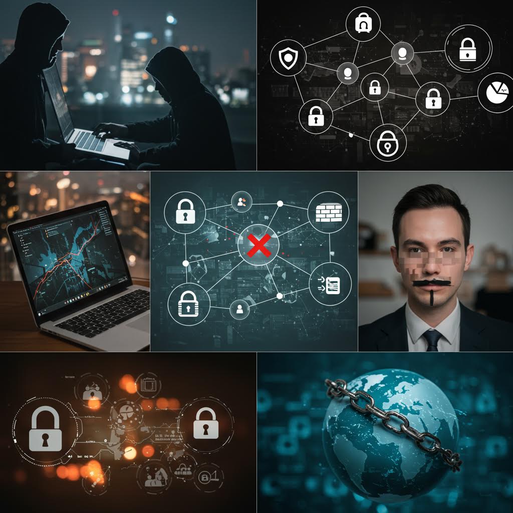 컴퓨터와 아이콘으로 가득 찬 보안 네트워크 화면이 위협적 그림자와 교차하는 인상