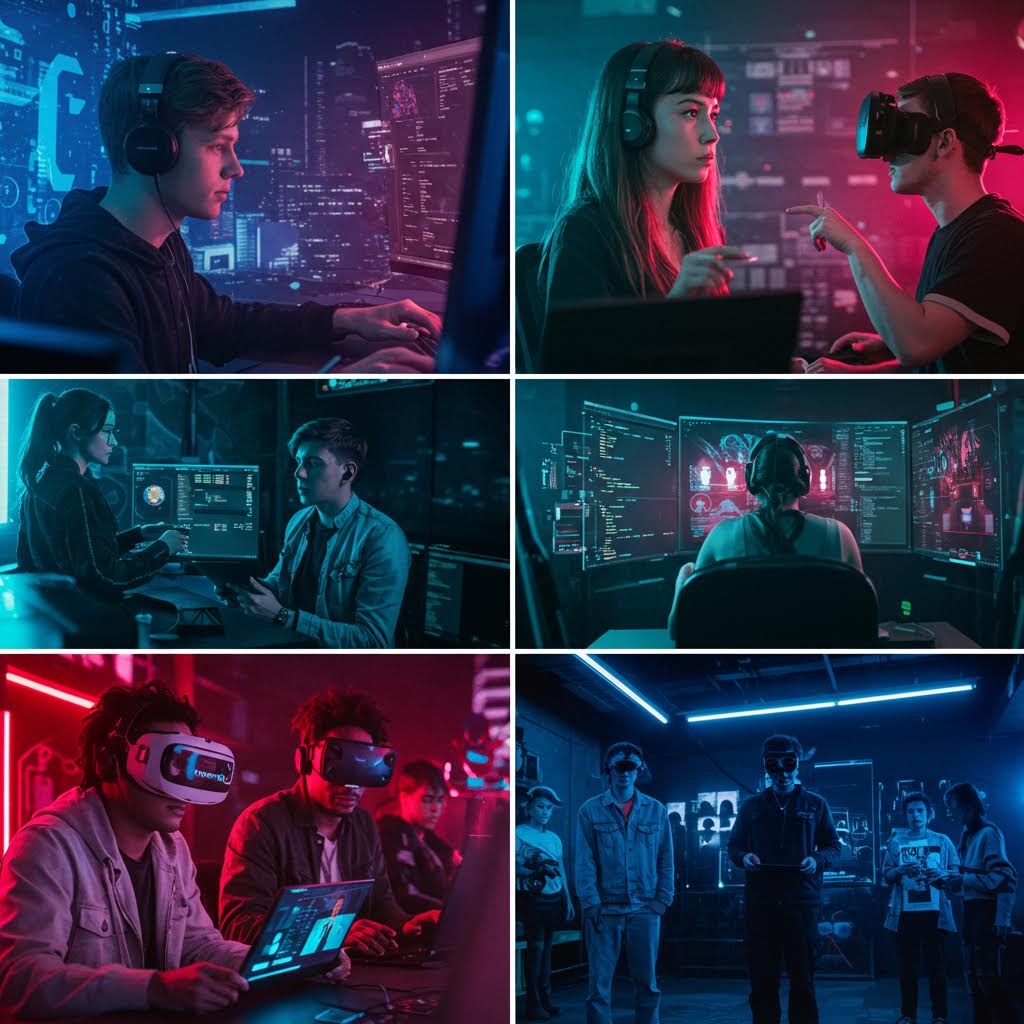 네온 조명이 가득한 공간에서 헤드셋을 착용한 사람들이 몰입형 화면을 공유하며 기술적 상호작용을 이루는 순간