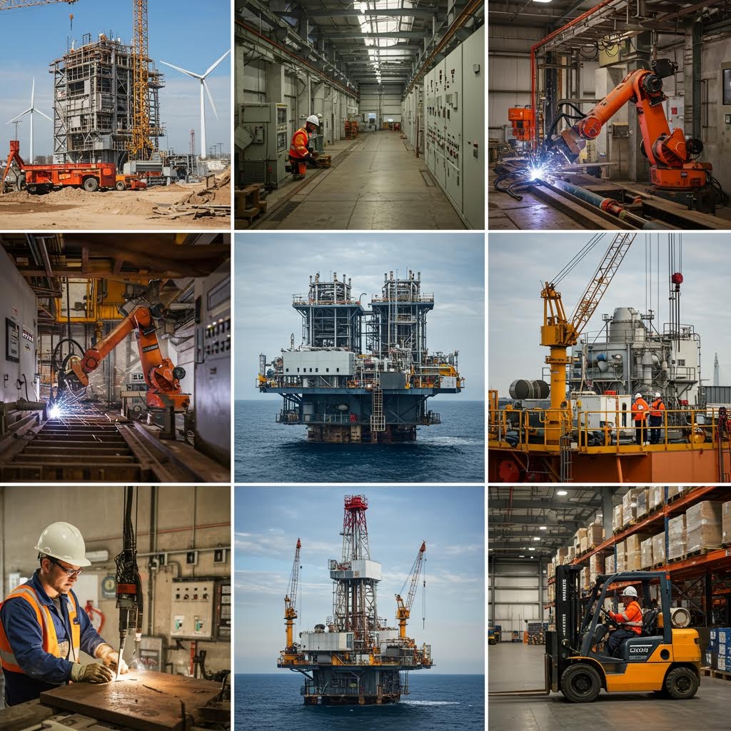 산업 현장에서 작업자들이 중장비와 구조물을 배경으로 협업하며 안전 절차를 수행하는 현장의 모습