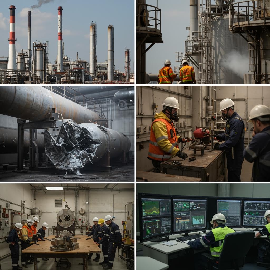 플랜트 내에서 보호 장비를 갖춘 작업자들이 설비 상태를 점검하며 위험 요소를 관찰하는 실무 중심 장면