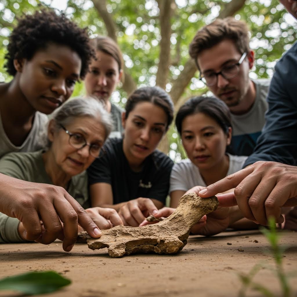숲속 공간에서 사람들이 유물 조각을 함께 살펴보며 공동의 발견을 공유하는 탐색 활동의 순간