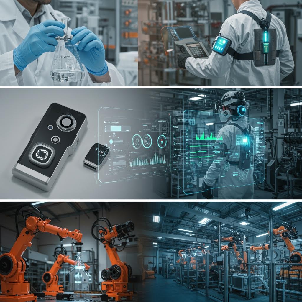 기술 장비와 자동화 설비가 여러 패널과 함께 배치되어 첨단 모니터링 과정이 시각적으로 드러나는 기술 환경의 흐름