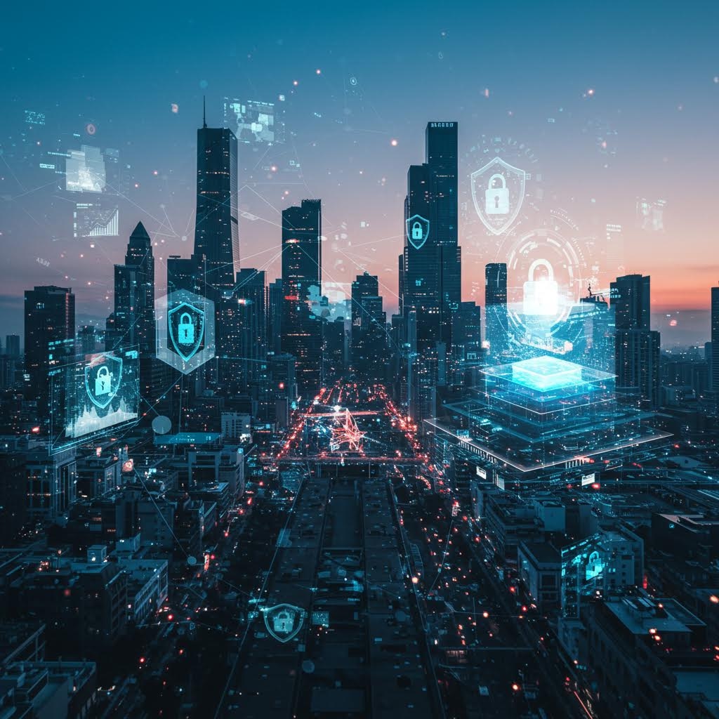 도심 야경 위에 보안 아이콘과 데이터 경로가 겹쳐 스마트 인프라의 감지 흐름이 은은한 빛으로 드러나는 장면