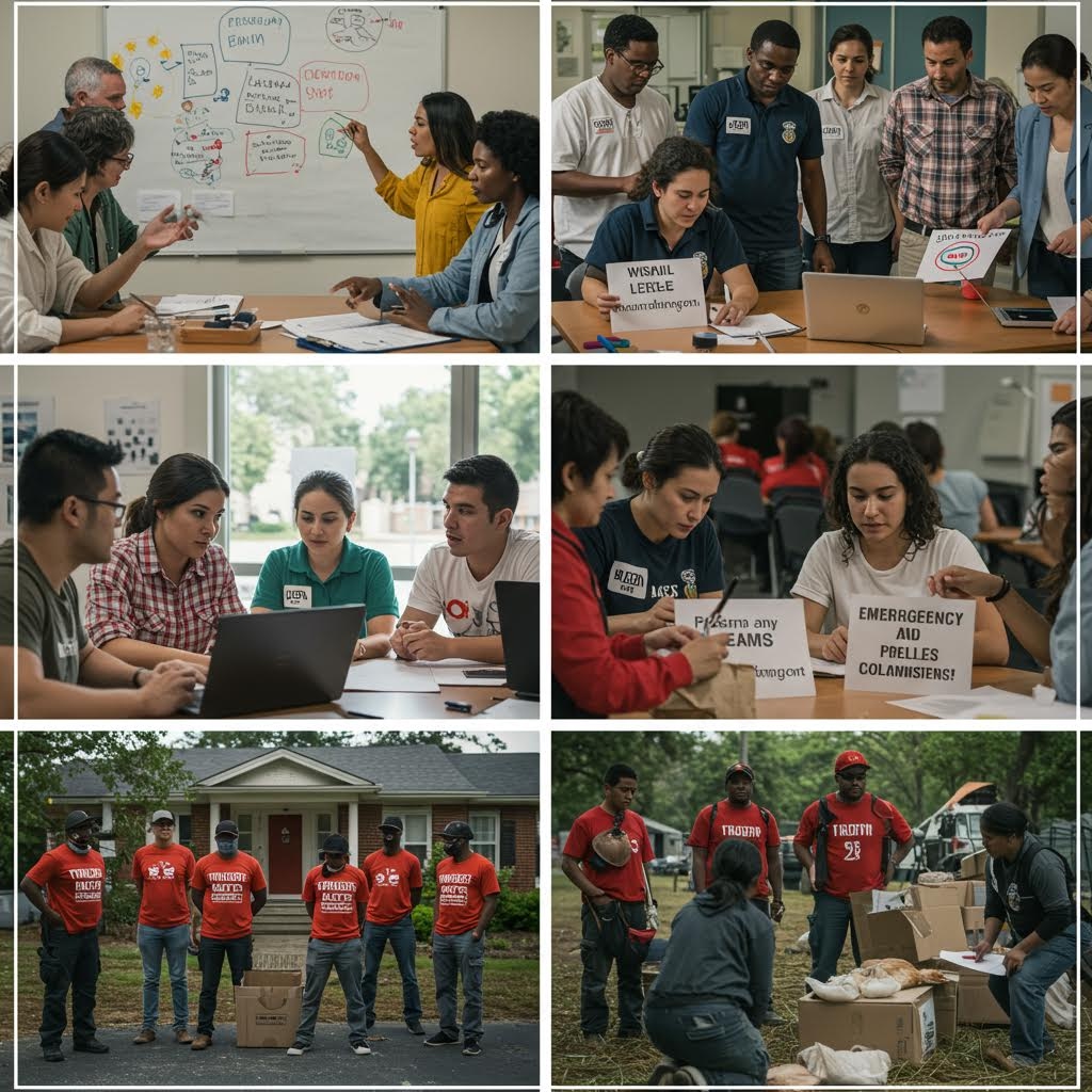 회의 공간에서 팀원들이 자료를 검토하고 실습을 진행하며 지역 활동과 연계된 협력 구조를 보여주는 모습