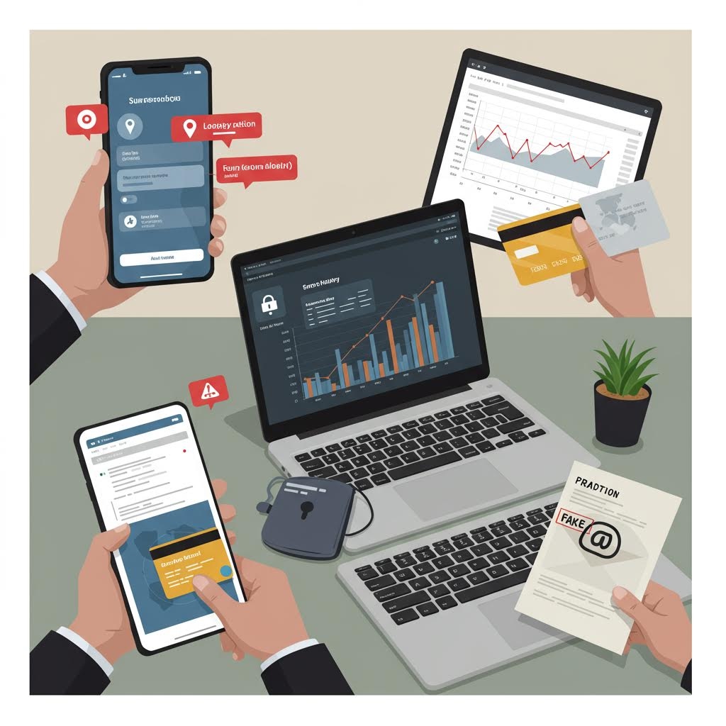 화려한 샹들리에가 빛나는 카지노 내부 전경. 중앙에는 양복을 입은 직원이 서 있고, 그 뒤로는 다수의 감시 카메라 피드(CCTV 화면)가 분할되어 실시간으로 표시되는 대형 모니터 월이 설치되어 있습니다. 이 이미지는 현대 카지노의 자금 세탁 방지 및 국제적 협력, 정보 공유 체계를 시각적으로 보여줍니다.