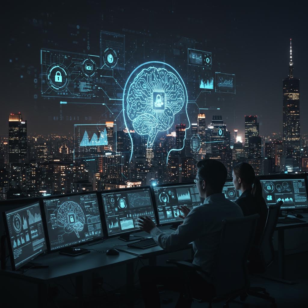 여러 모니터 앞에서 팀이 도시 외곽을 비추는 정보 패널을 관찰하며 디지털 위험을 추적하는 관제 공간의 풍경