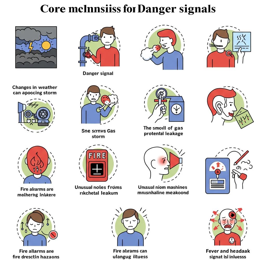 위험 신호를 상징하는 다양한 상황이 간단한 그림 아이콘으로 정리되어 직관적 해석이 가능한 안내적 구성
