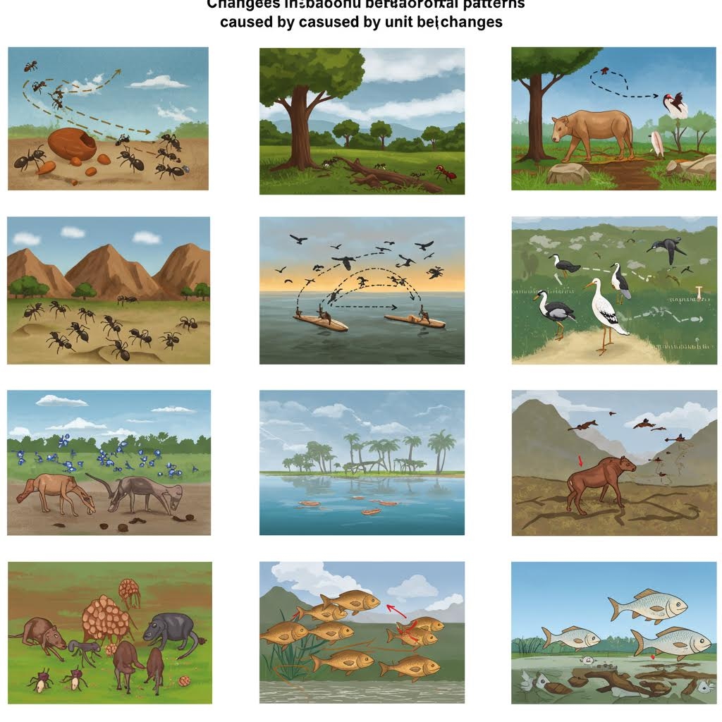 3x4 격자로 배열된 12개의 생태학적 삽화. 각 삽화는 개미의 이동 경로, 새들의 군집 비행, 수면 아래 물고기들의 움직임 등 다양한 유닛(개체)들이 환경 변화에 따라 집단 행동 패턴을 바꾸는 모습을 보여주어, 생태계 내 개체군 변화의 영향을 시각적으로 설명하고 있습니다.