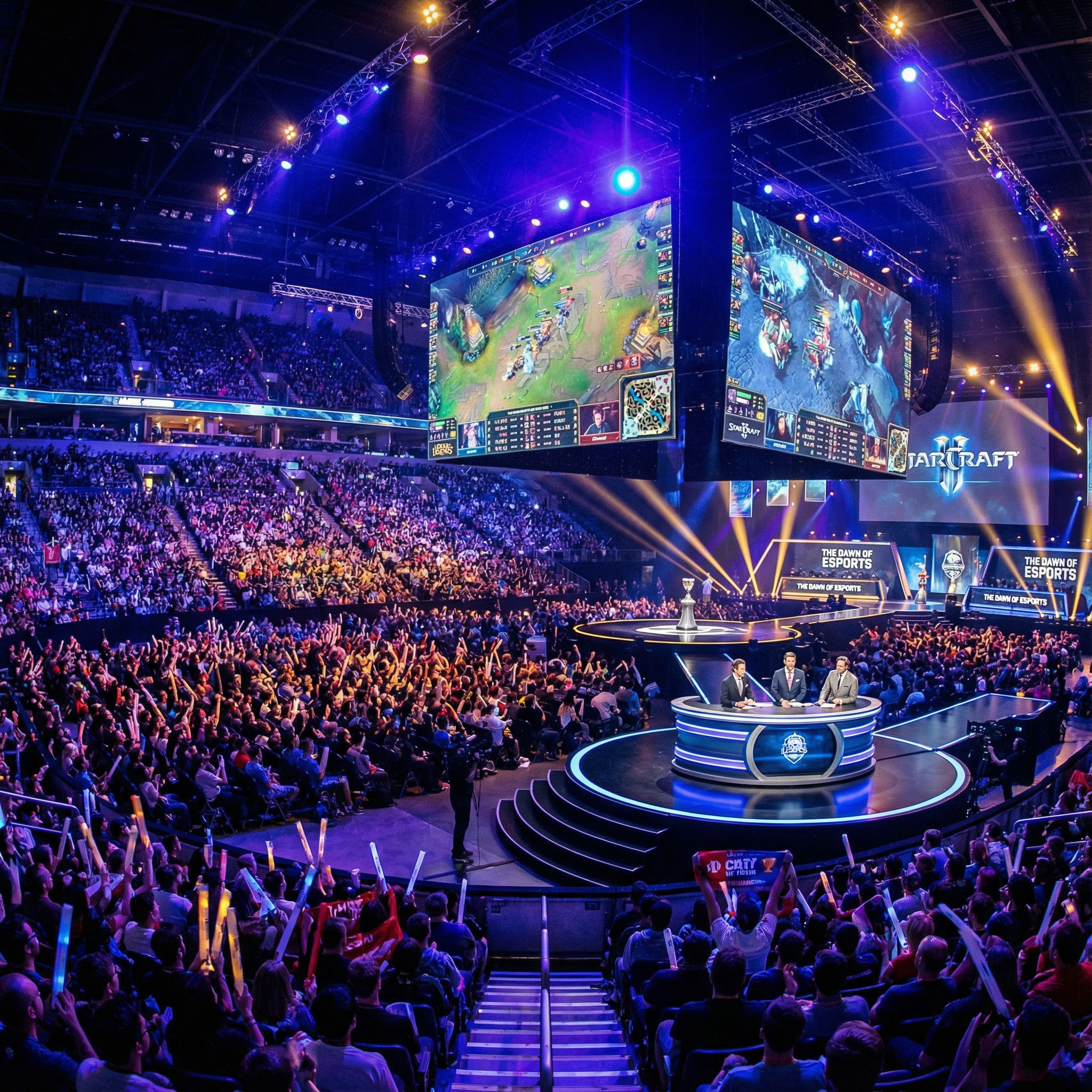거대한 전광판에 LoL·스타크래프트 경기, 조명 속 관중과 트로피가 보이는 모습이다