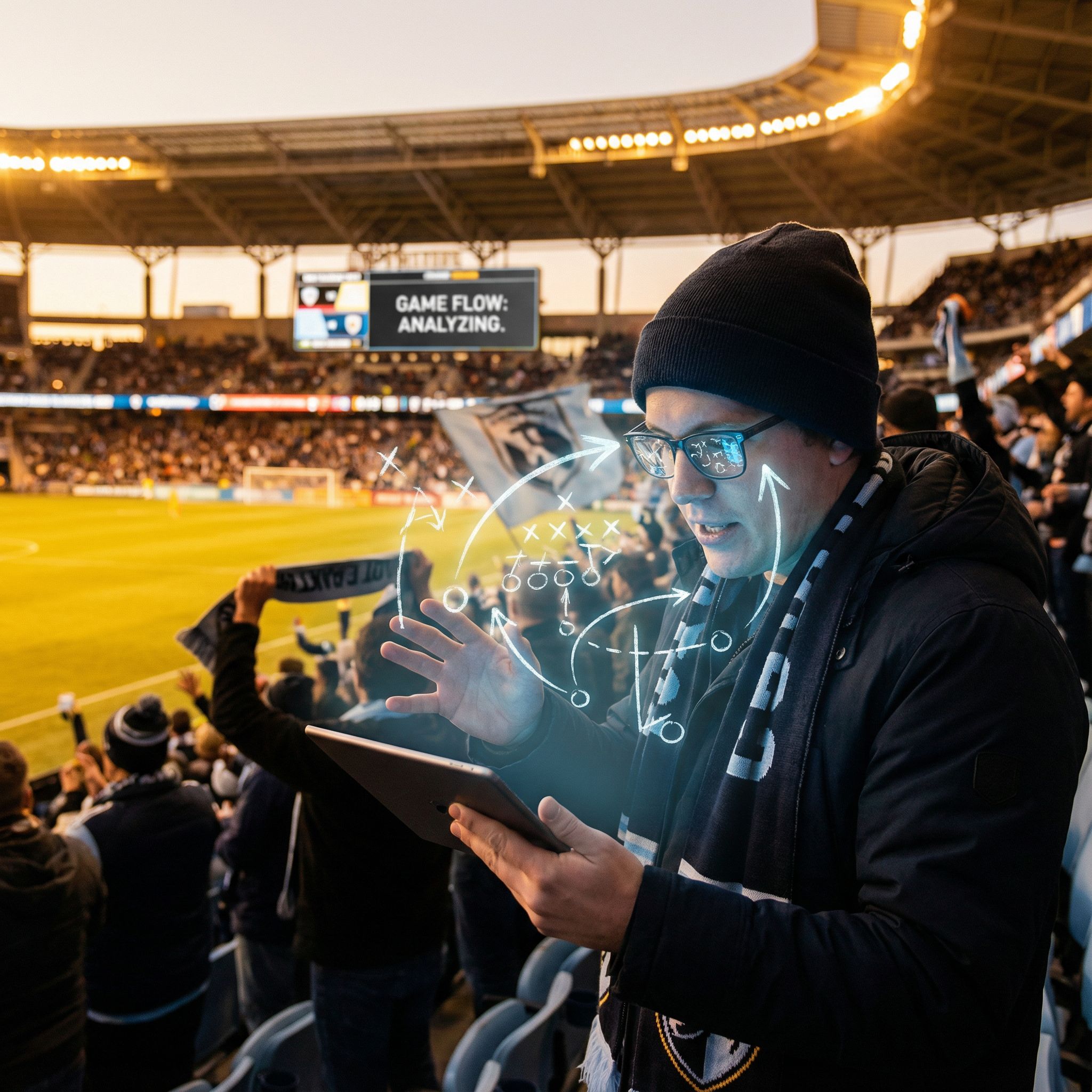 따뜻한 조명 경기장 관중 얼굴 위 화살표 전략도 겹쳐 시선이 흐름을 좇는 모습이다