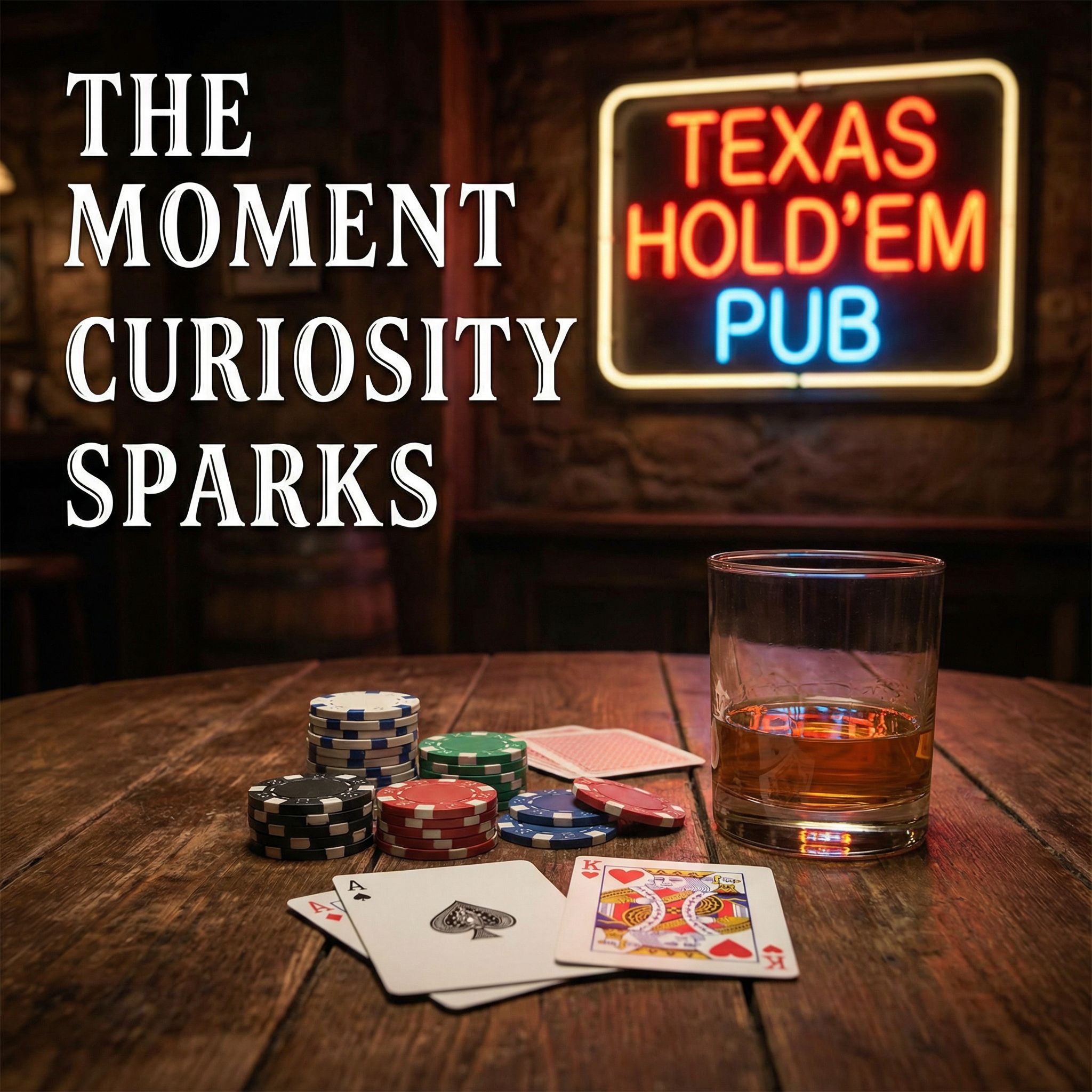 따뜻한 조명 아래 바 테이블의 칩과 카드, 네온 포커 간판이 빛나는 모습이다