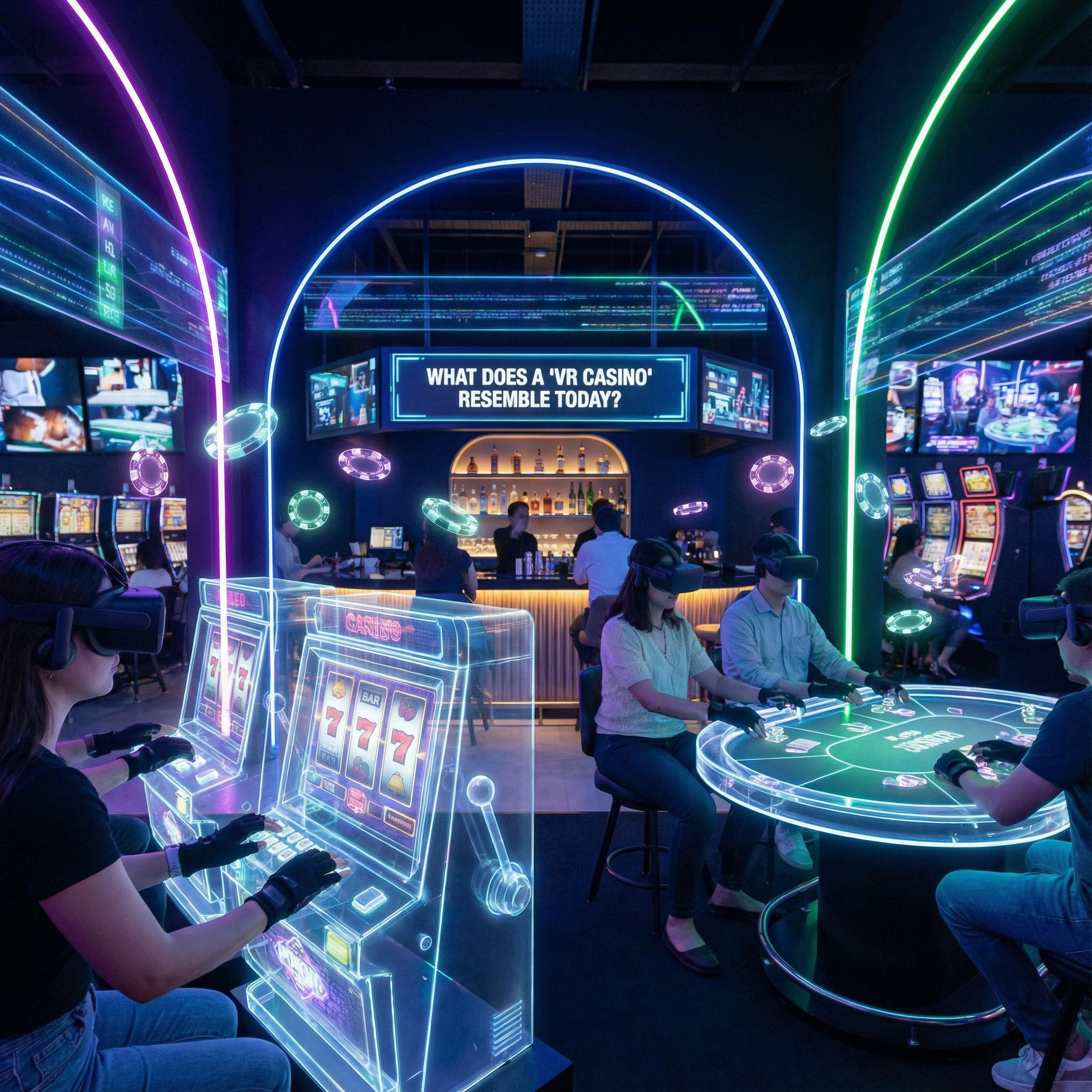 네온빛 가득한 홀에서 VR헤드셋 인물들이 홀로그램 슬롯과 포커를 즐기는 모습이다
