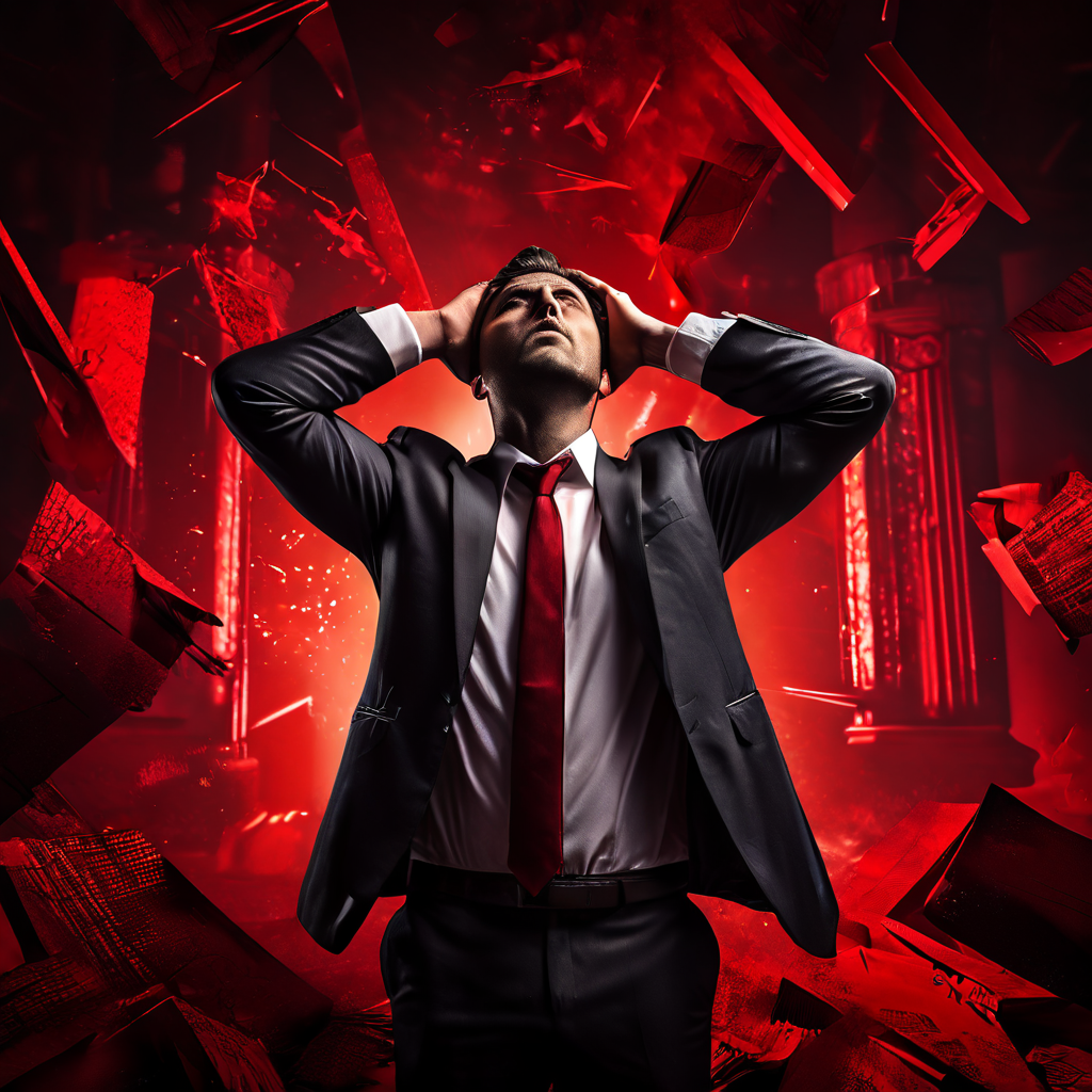 무너지는 기둥과 붉은색 폭락 차트를 배경으로 머리를 감싸 쥐고 괴로워하는 투자자의 모습이다