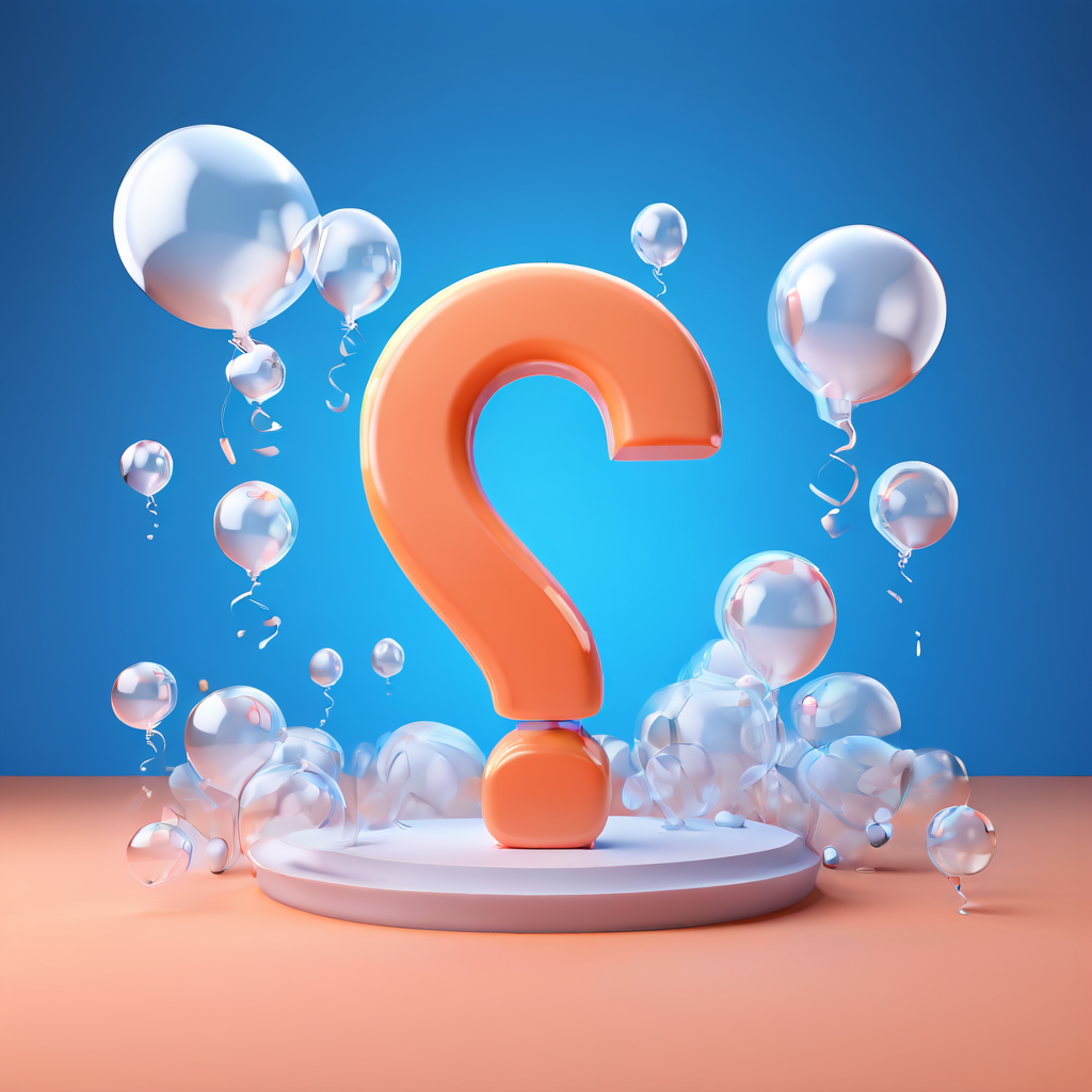 부드러운 조명 아래 거대한 입체 물음표와 떠다니는 말풍선들이 깨끗한 배경에 어우러진 모습이다