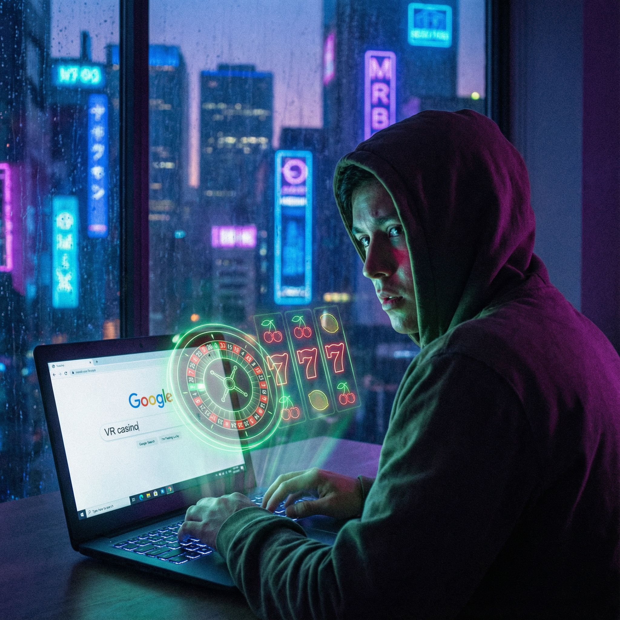 어두운 방에서 노트북으로 VR 카지노를 검색하자 네온 룰렛·슬롯 홀로그램이 화면 밖으로 떠오른 모습이다