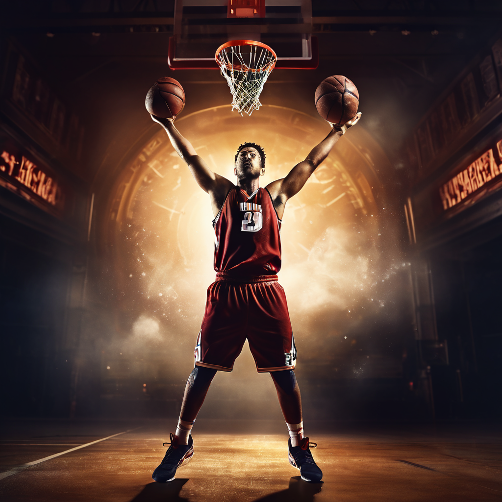 땀방울이 맺힌 지친 선수가 시계가 있는 어두운 배경에서 힘겹게 점프 슛을 던지는 사실적인 모습이다.