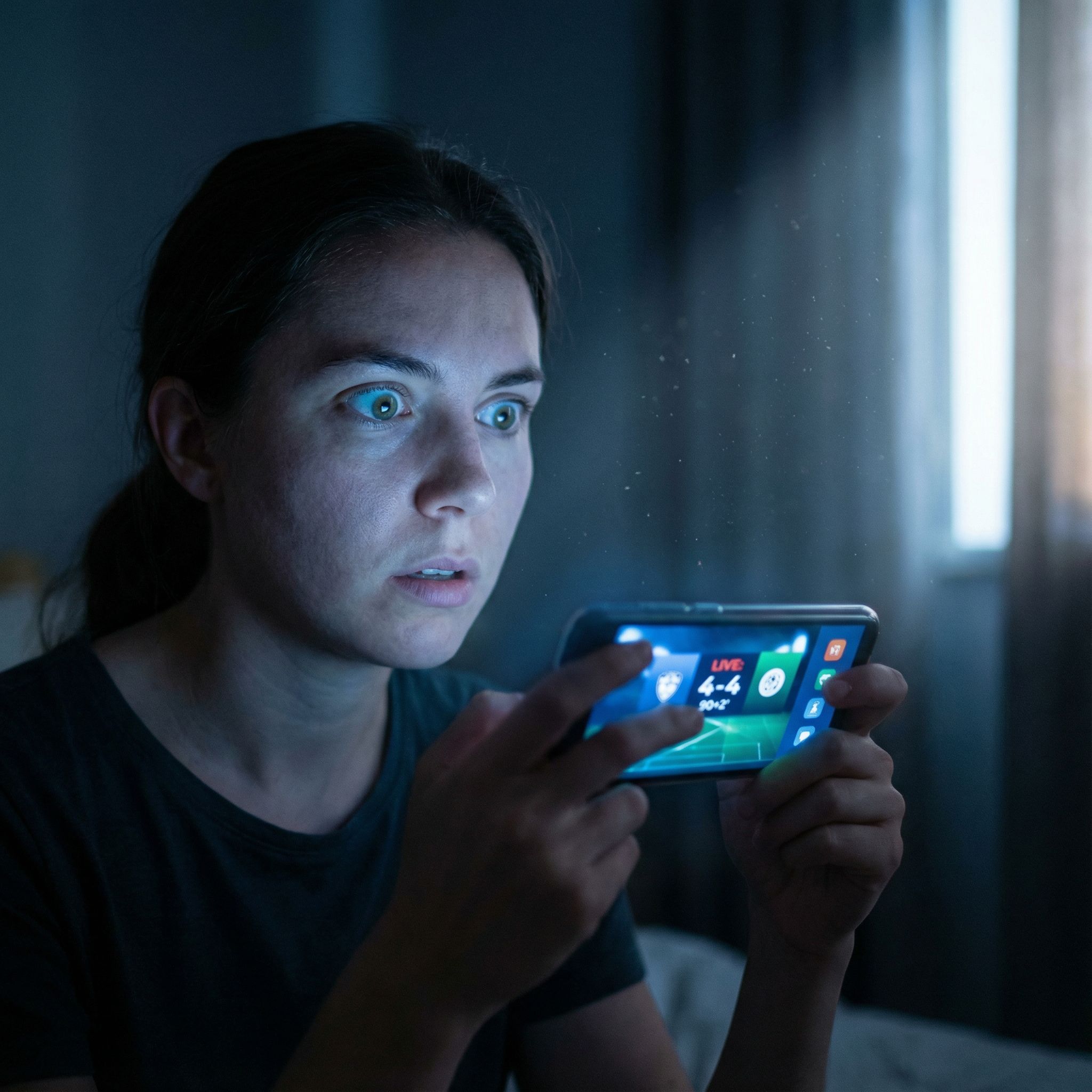 어두운 배경, 스포츠 앱 화면 푸른빛이 눈에 비친 채 멈춰 선 인물의 놀란 얼굴 모습이다