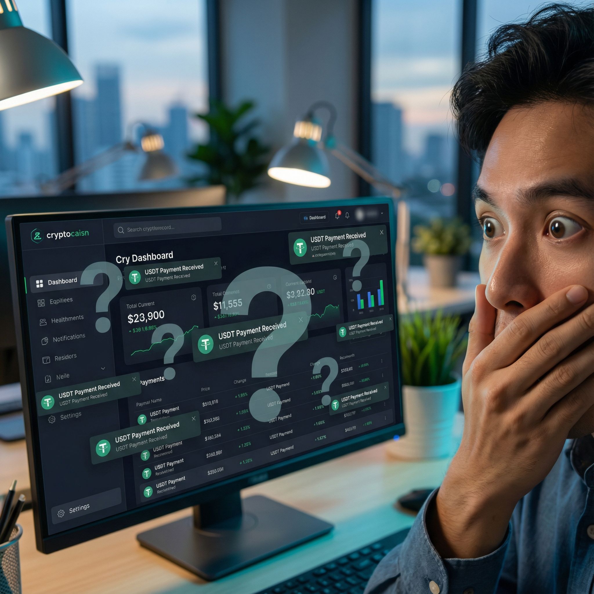 현대적 사무실 조명 아래, 컴퓨터 화면의 푸른 UI와 급증 USDT 알림에 놀란 표정인 사람 모습이다