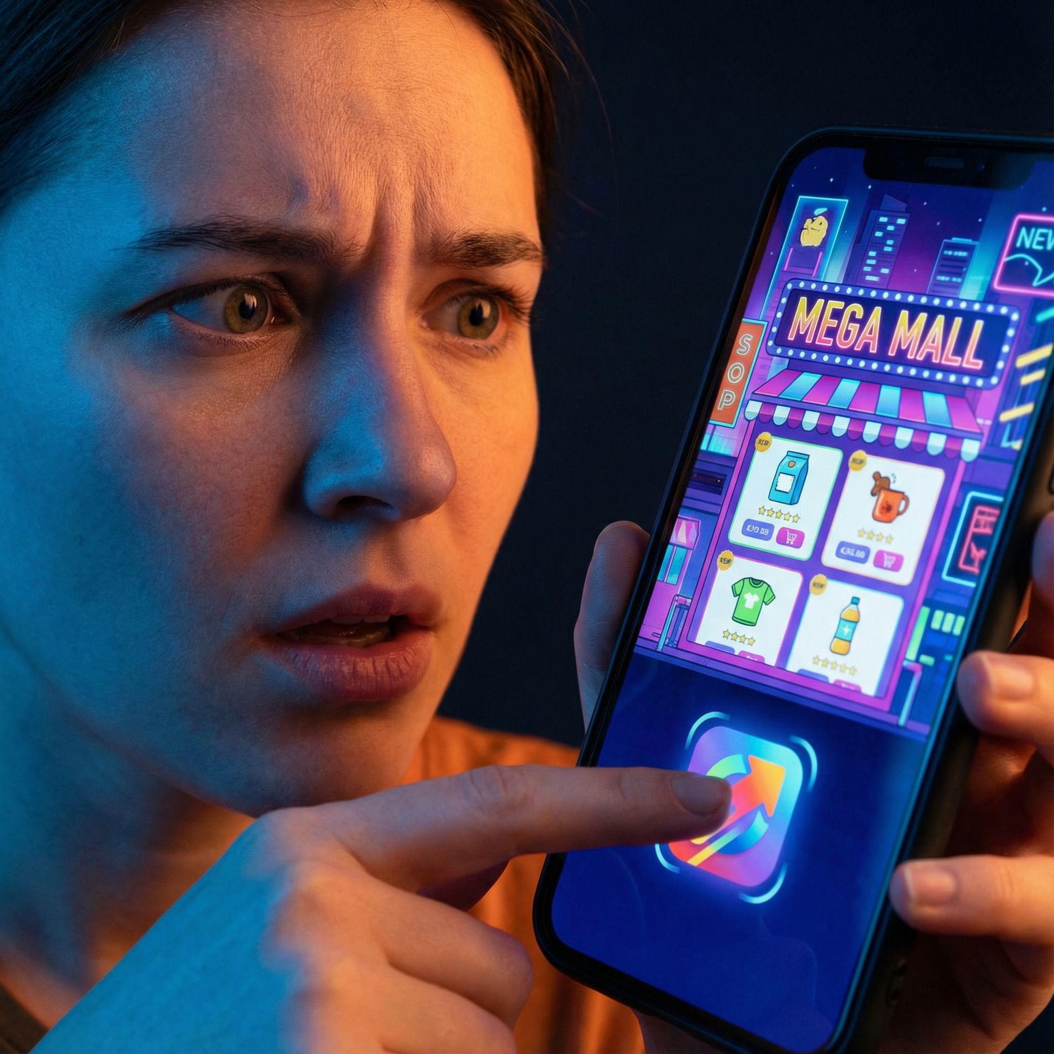 스마트폰을 누르는 혼란한 인물, 밝은 쇼핑몰 화면빛에 놀란 표정인 모습이다