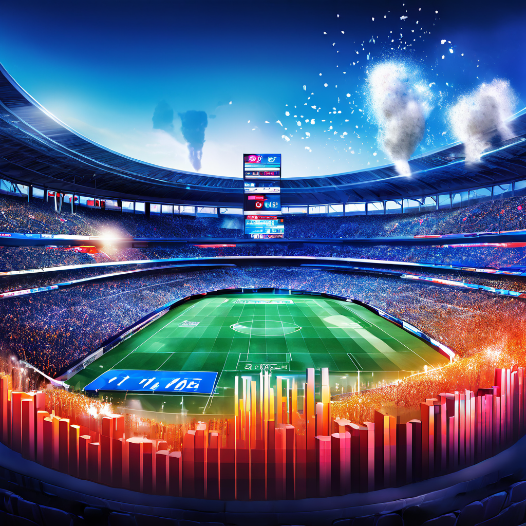 열광하는 경기장 관중 위로 데이터 차트와 수식이 겹쳐져 홈 이점 통계를 시각화한 모습이다