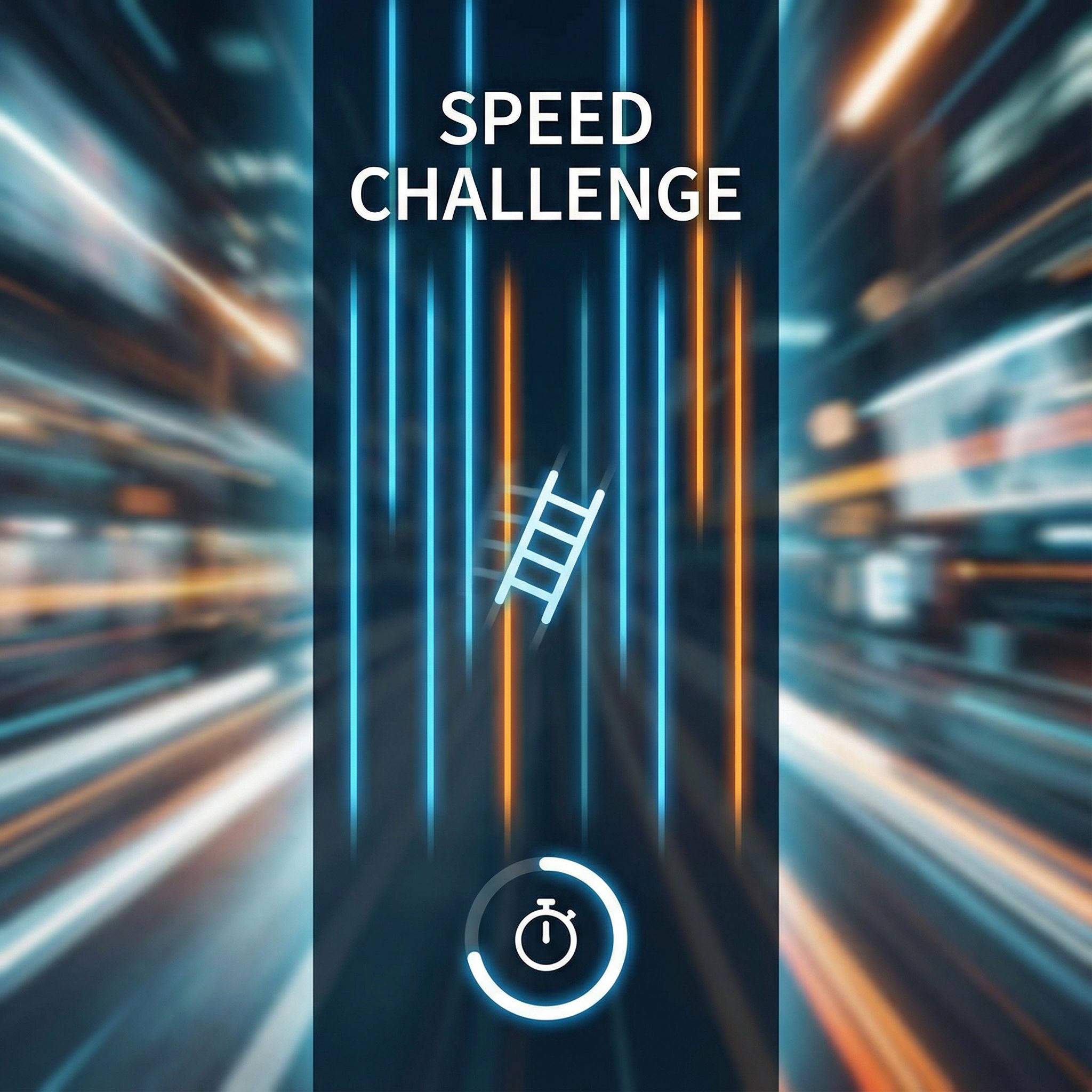 흰 배경에 검은 사다리 선과 가로 발판, 아이콘이 흐림으로 질주하듯 배치된 모습이다