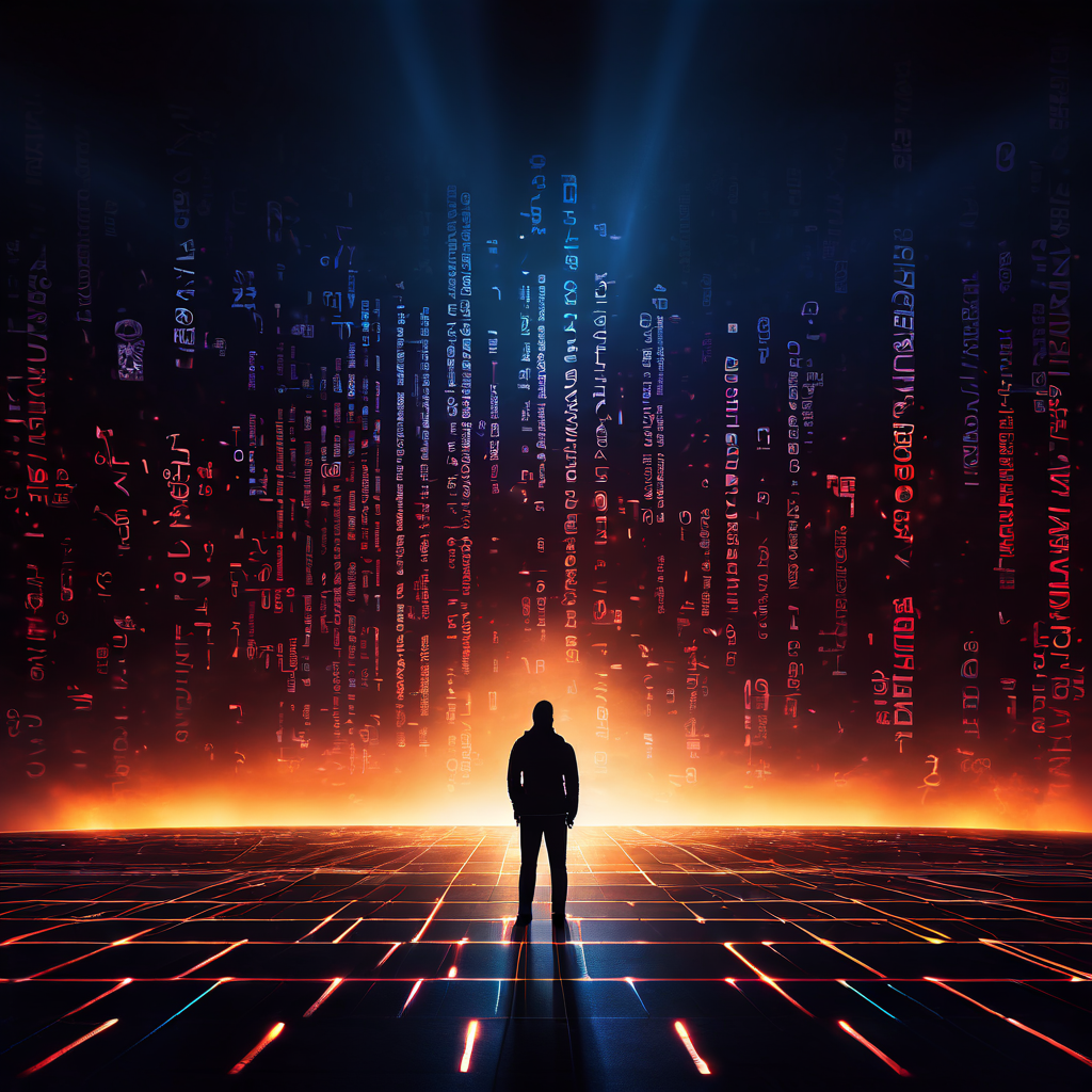 거대하게 빛나는 디지털 숫자와 순위 벽면을 마주하고 선 사람의 어두운 실루엣이 돋보이는 웅장한 모습이다