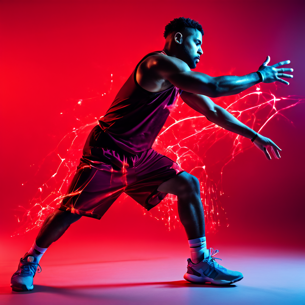 붉은색 히트맵이 겹쳐진 다리의 떨림과 불안정한 슛 자세를 통해 피로도를 시각화한 농구 선수의 모습이다