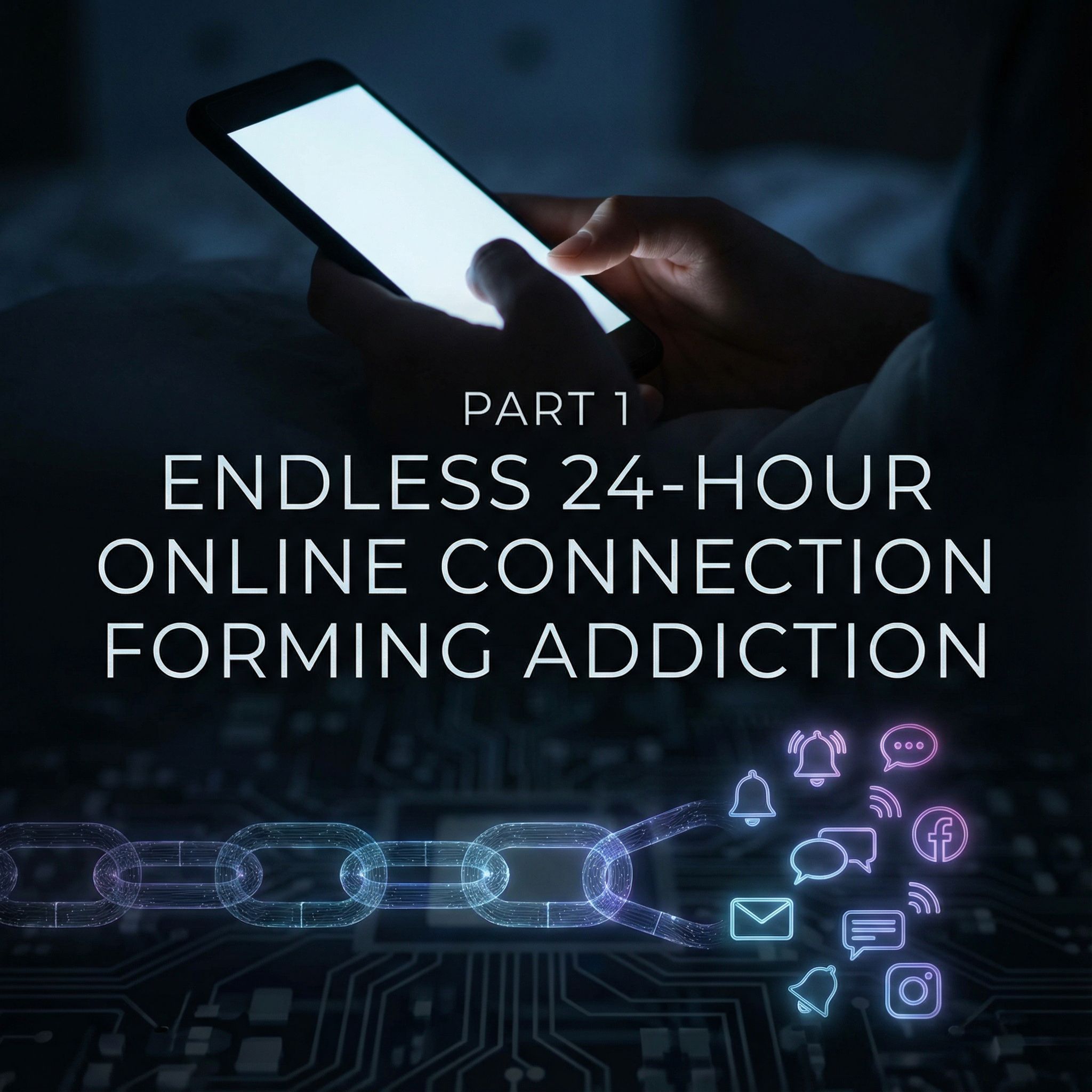 어두운 사이버 배경에 밤빛 스마트폰이 빛나고, 사슬이 알림 아이콘으로 변하는 모습이다