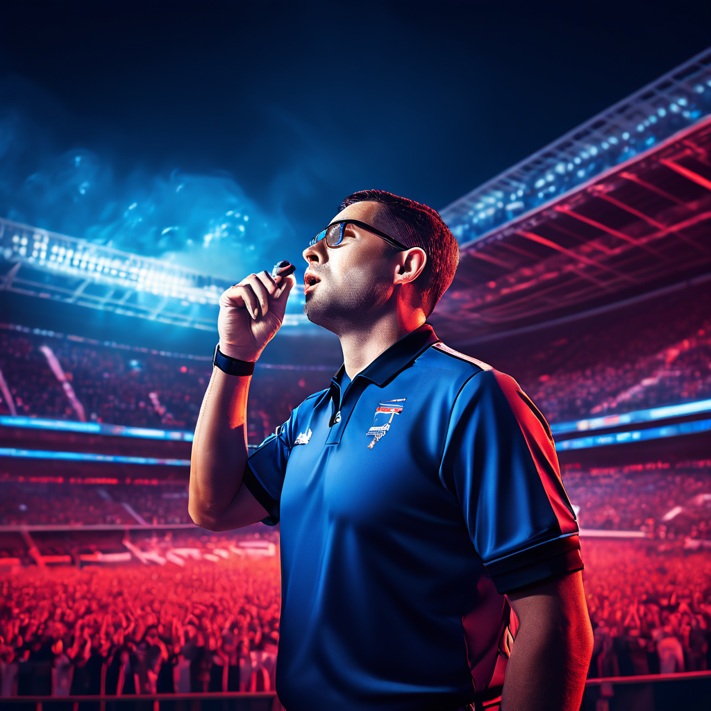 심판의 호루라기 파동이 경기장과 점수판을 물결처럼 뒤흔들며 게임의 흐름을 바꾸는 순간을 표현한 이미지이다