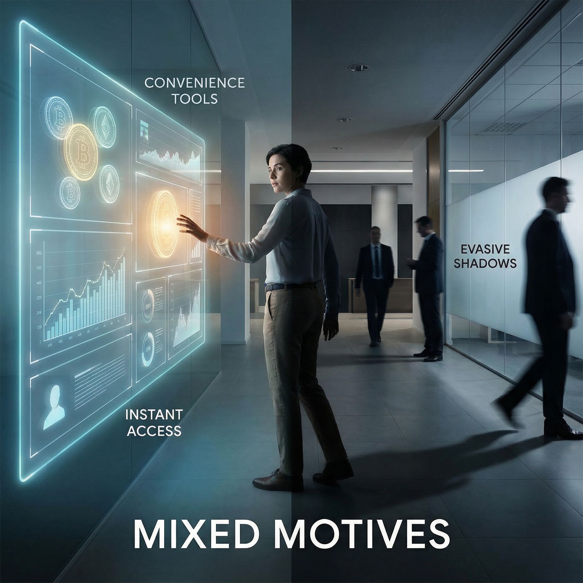 1번 alt
사무실 복도에서 인물이 가상 대시보드를 터치하며 편의성과 즉각적 접근을 활용하는 모습과 뒤편에 스쳐 지나가는 인물들이 대비되는 장면이다