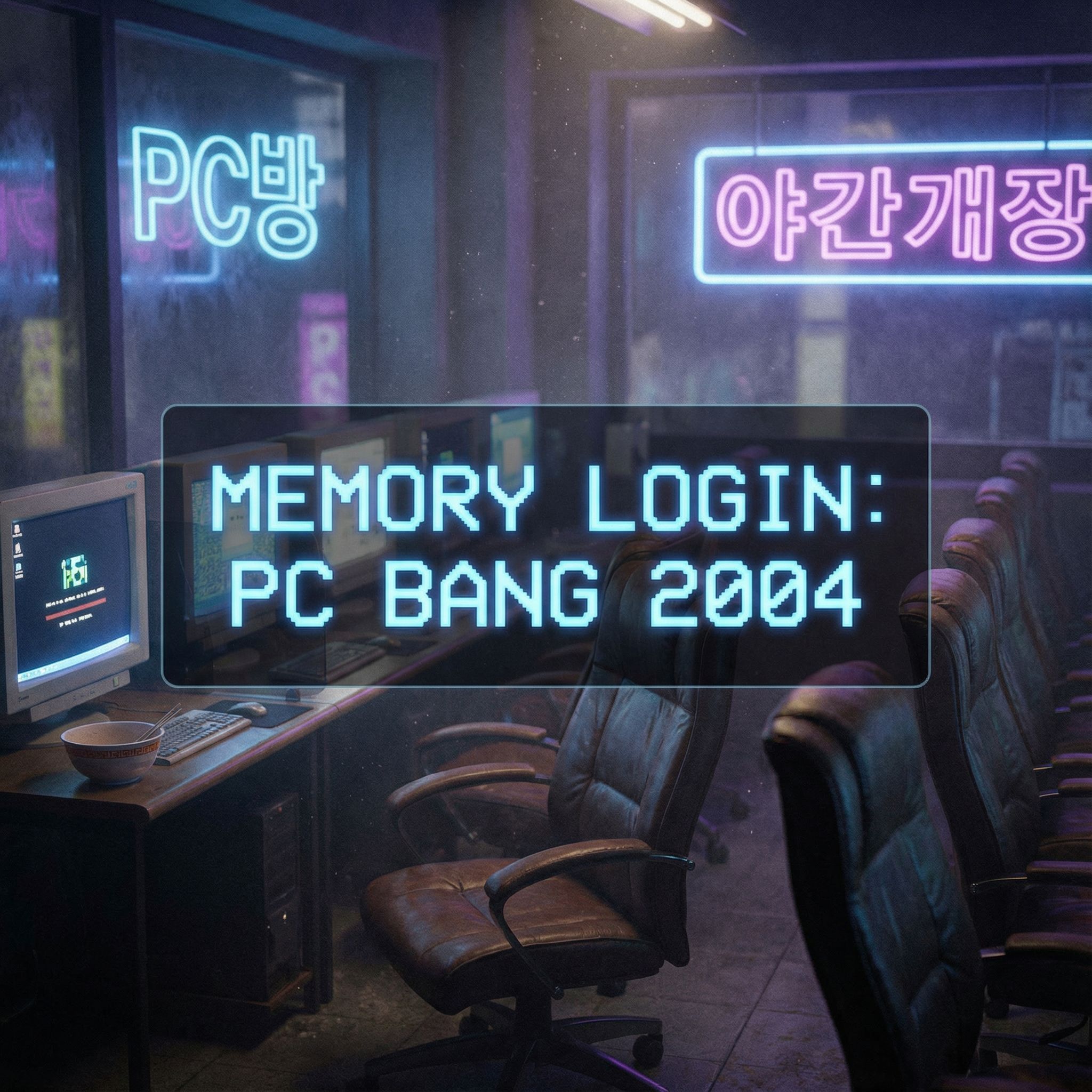 어두운 PC방 구석에 빈 게임의자와 모니터, 은은한 네온빛과 먼지가 떠도는 타이틀 카드 모습이다