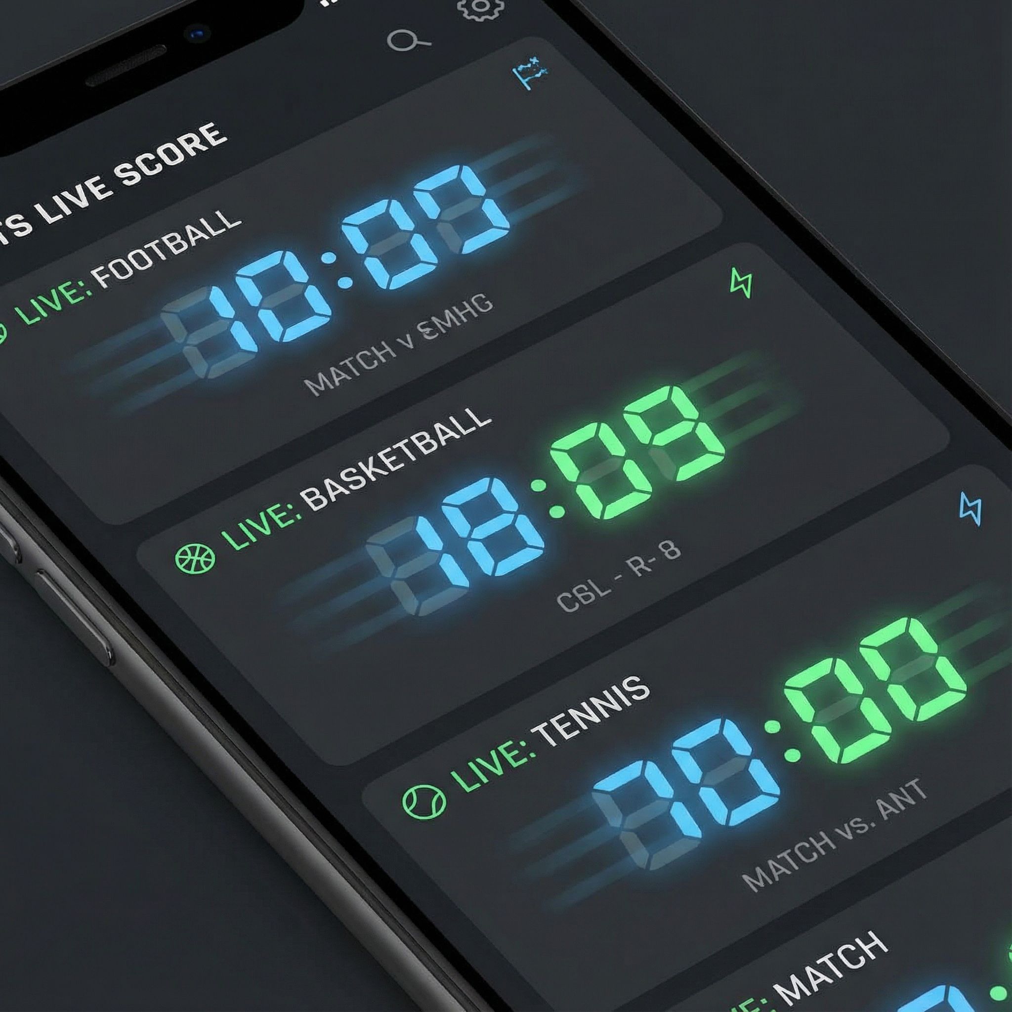 흰 배경에 파란 강조의 스포츠 점수 앱 화면, 숫자가 빠르게 바뀌는 속도선을 표현한 모습이다