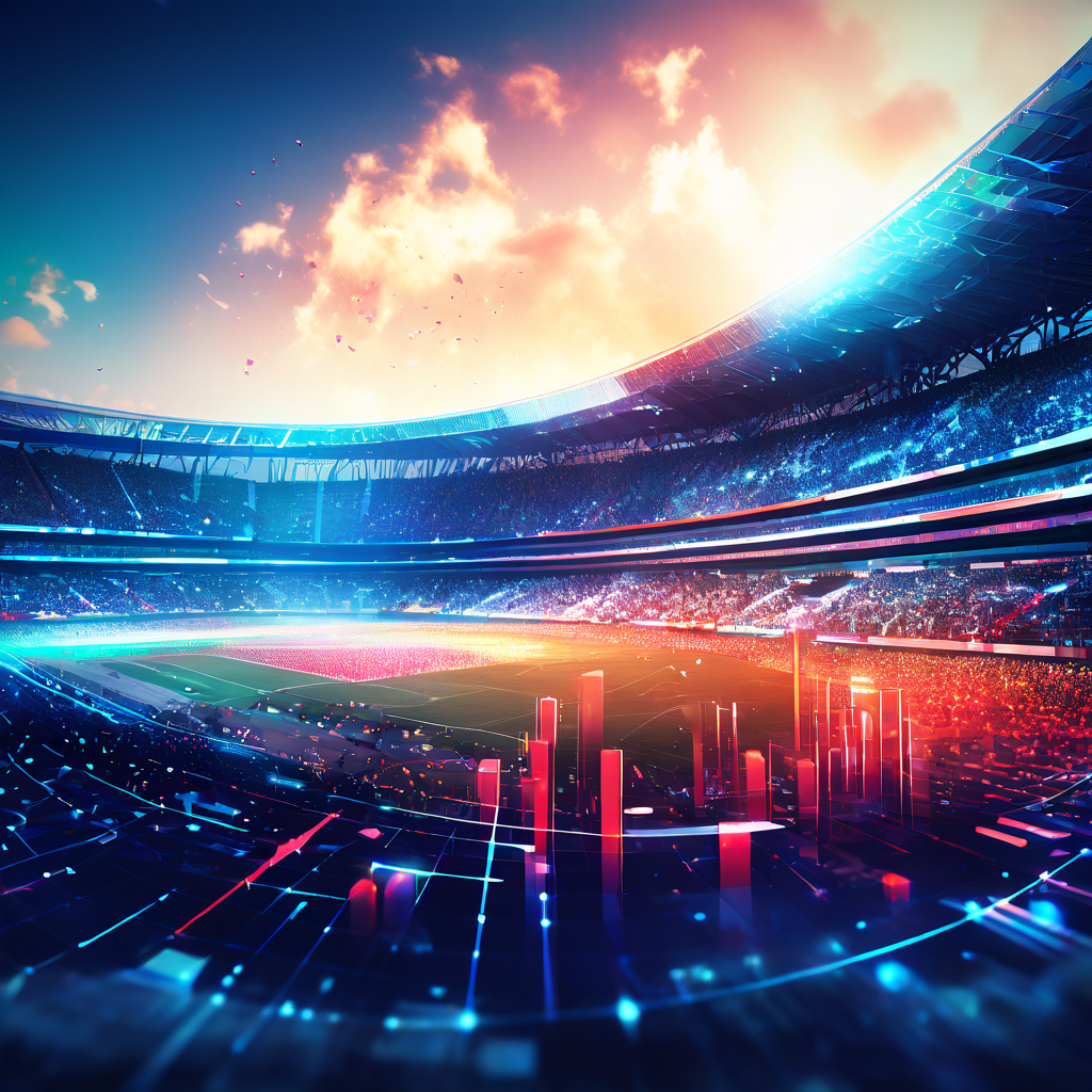 혼란한 경기장 배경 위로 디지털 랭킹 그래프가 글리치 효과와 함께 산산조각 나는 극적인 모습이다