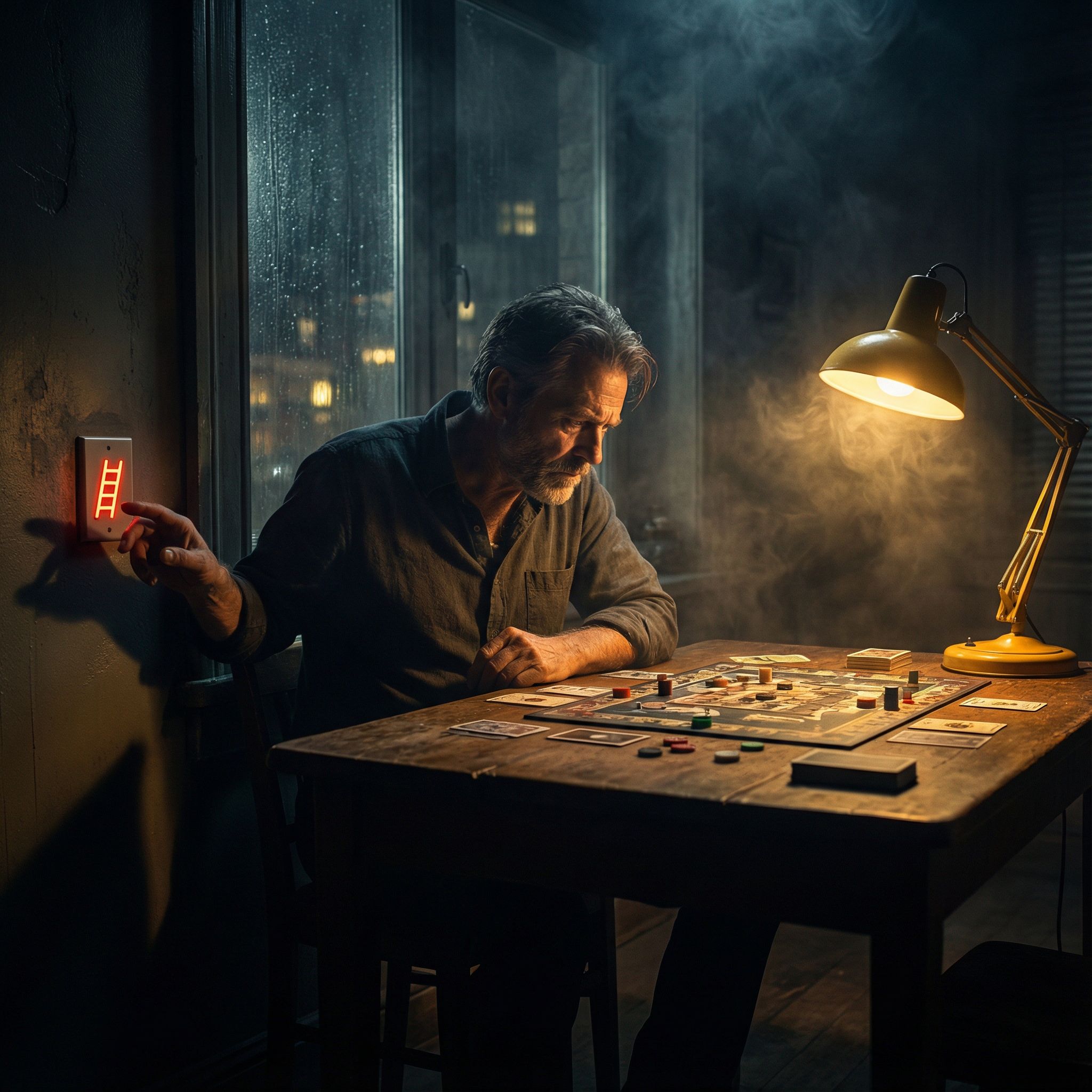 어두운 밤, 도박꾼이 꺼진 사다리 네온 옆에서 책상등 아래 게임판을 응시한 모습이다